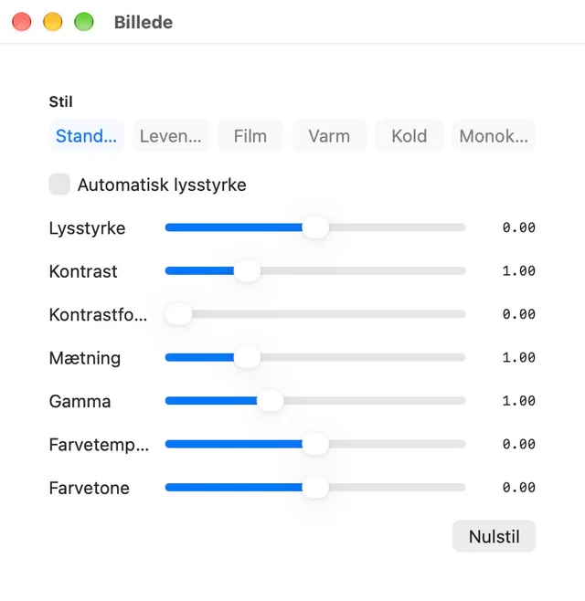 Lysstyrke · Kontrast · Mætning