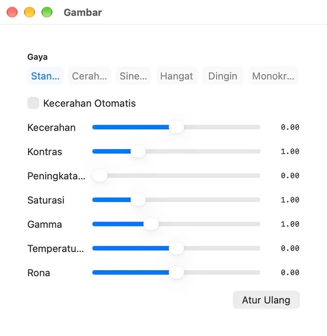 Kecerahan · Kontras · Saturasi