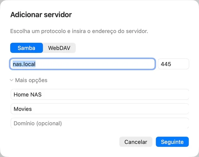 NAS · URL de mídia · SMB / WebDAV