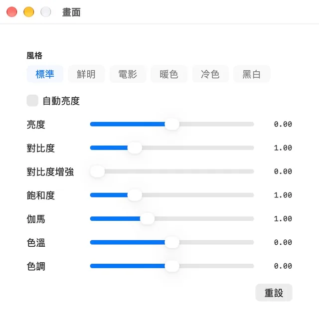 亮度 · 對比度 · 飽和度